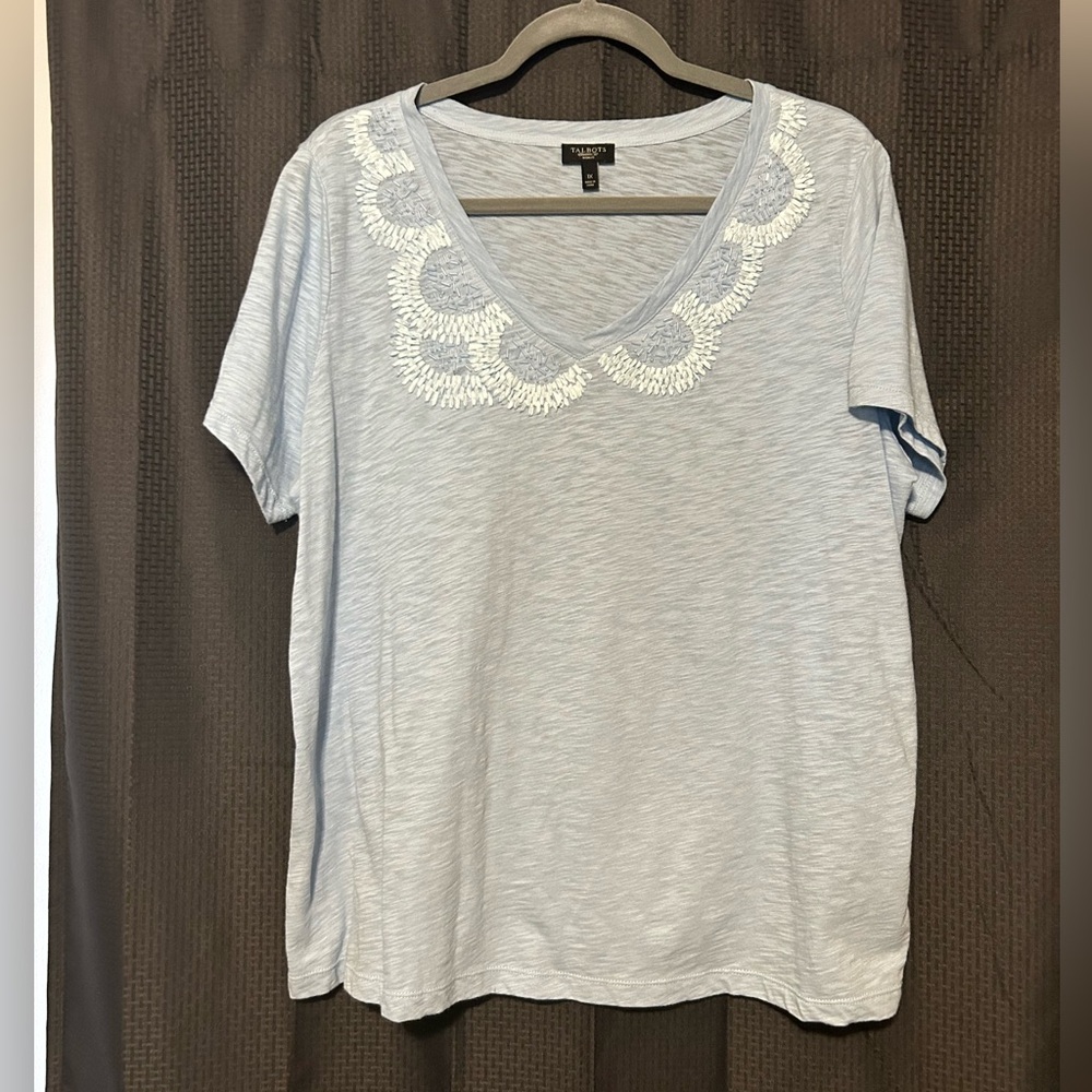 NEW Talbots 100% Cotton Heather Blue V-neck Gems T-shirt Women’s size 1X Plus